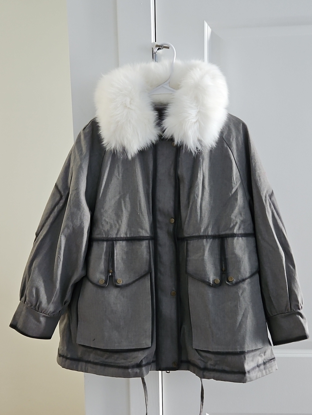 Grey Women's Parka Coat with White Faux Fur Collar